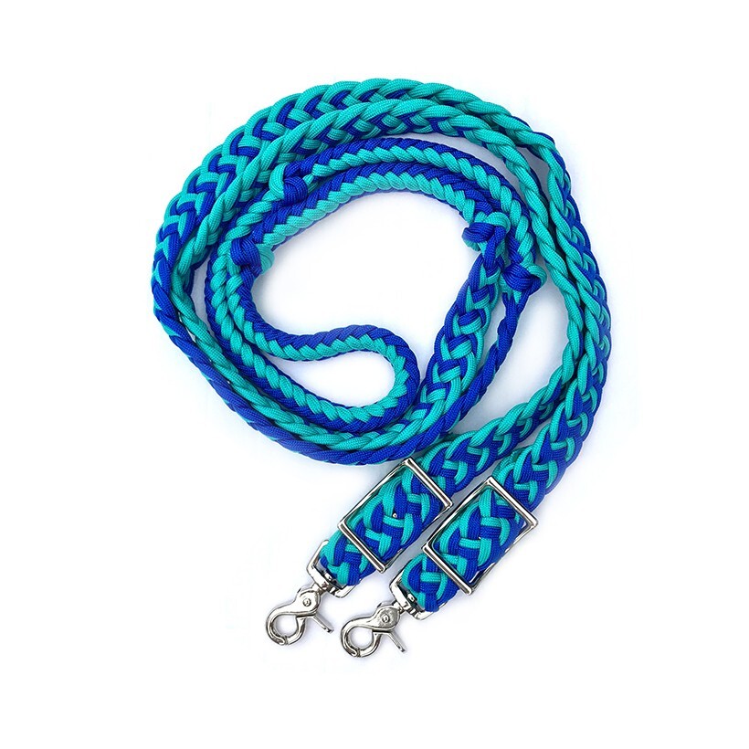 Braided Barrel Reins 8 ft long with 2 Scissor Snaps Turquoise/Blue #55009
