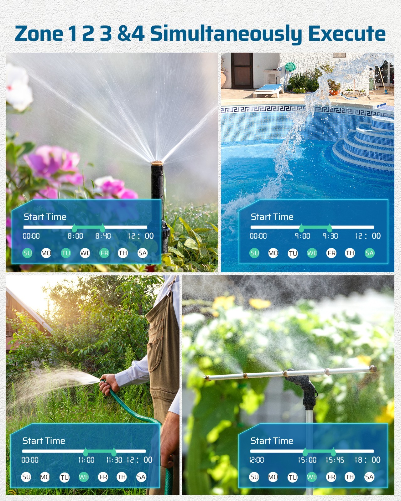Sprinkler Timer 4 Zone Outdoor, Programmable Water Timer with Rain Delay Manual