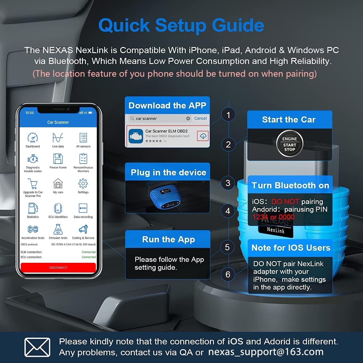 NEXAS NexLINK Bluetooth OBD2 Scanner for Car - Check Engine Light Code Reader