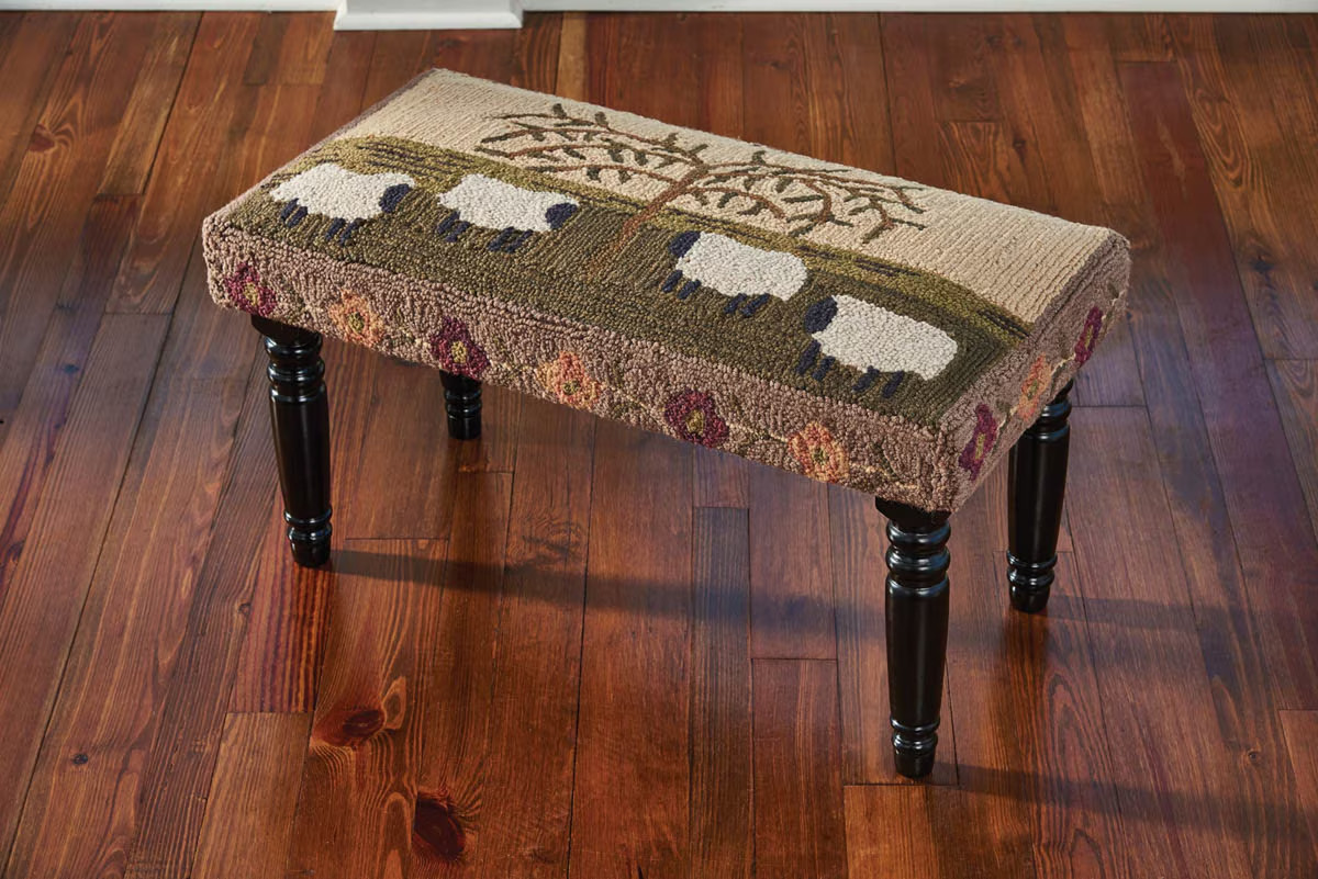 Willow and Sheep Hooked Bench Country Primitive Farmhouse