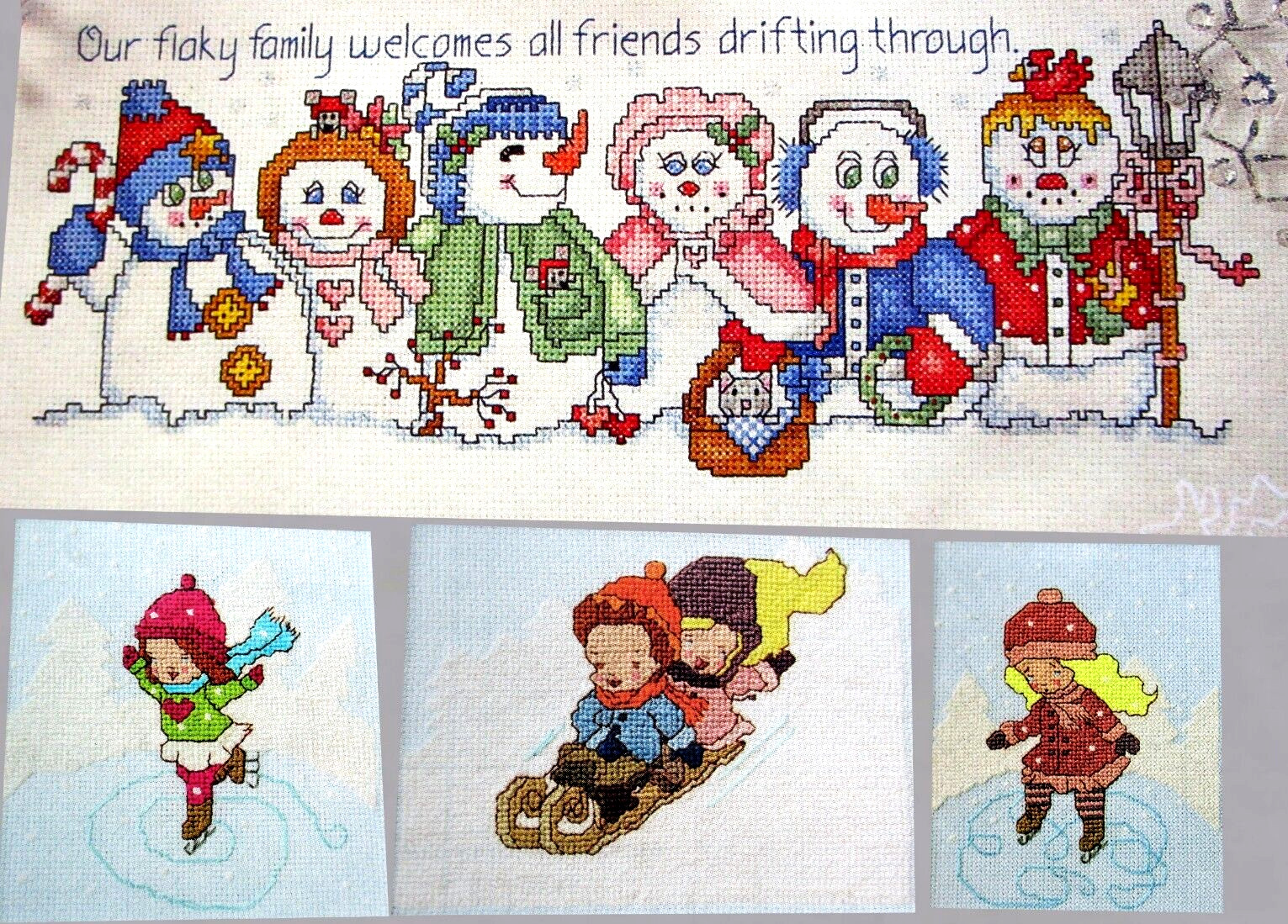 Flaky Family Children Skating Sledding Snow Fun Designs CROSS STITCH PATTERNS