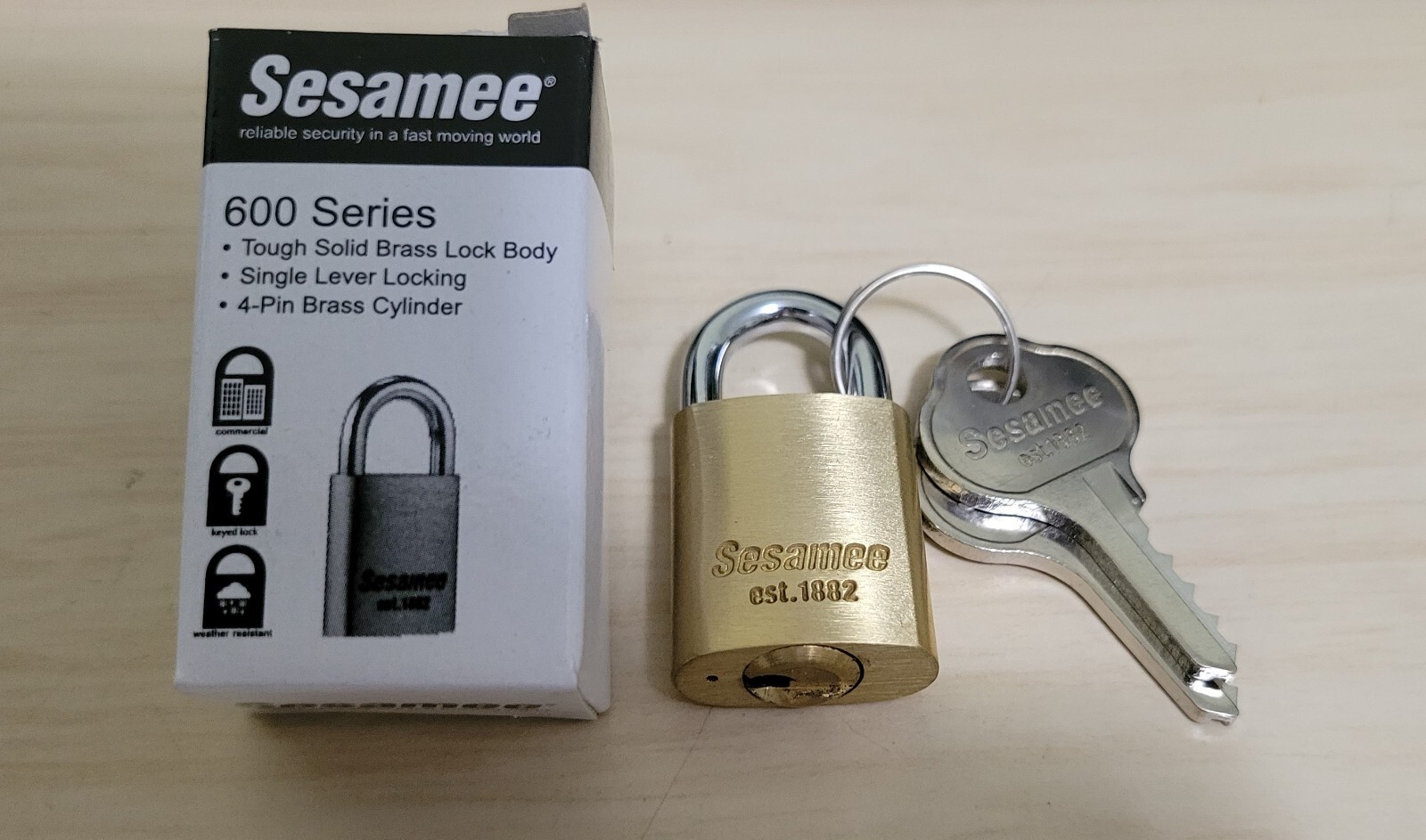 5pc Sesamee 600 Series # 60204 13/16" wide, solid brass padlock, 3/8" clearance