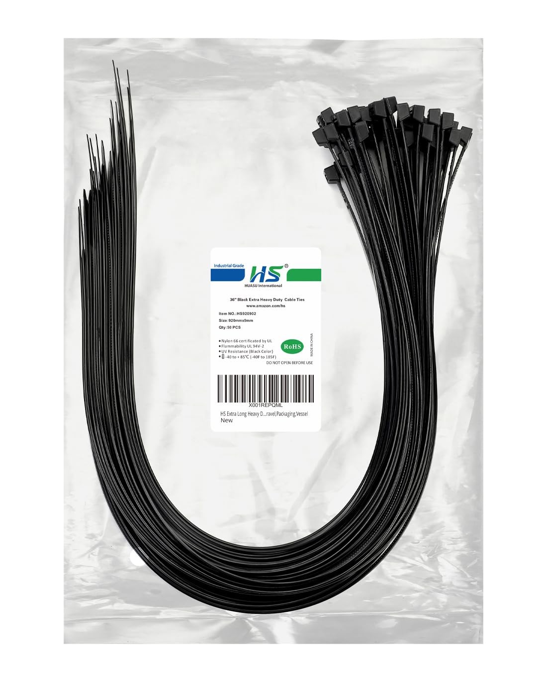 36 in Heavy Duty Black Nylon Zip Ties 50 Pack 200 lb, 0.35 in Wide