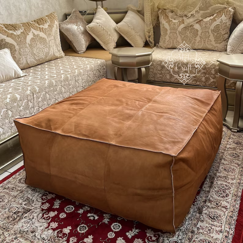 Moroccan Goat Leather Pouffe Handmade Ottoman Premium Quality Boho New Brown