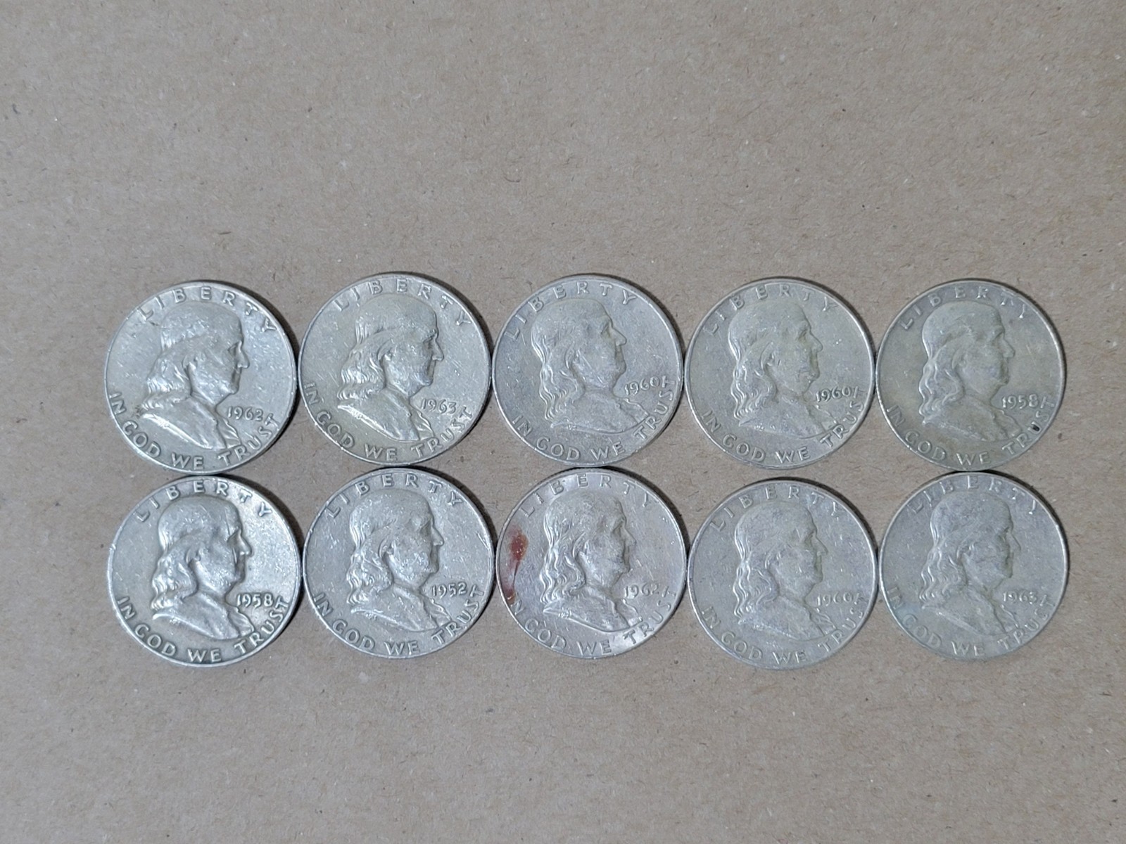 Lot of 10 Franklin Half Dollar Coins - 90% Silver - 1963 and Prior - Circulated