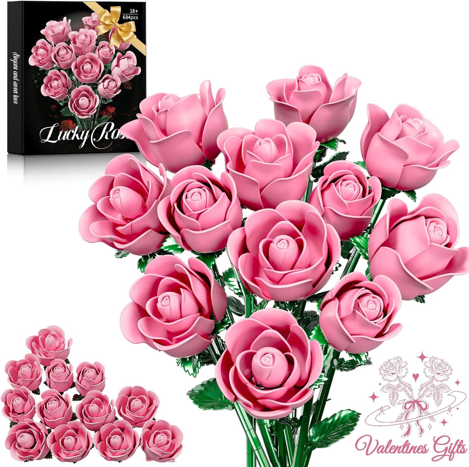 Pink Rose Bouquet Building Set for Girls & Boys - 12 Pack Botanical Collectio...
