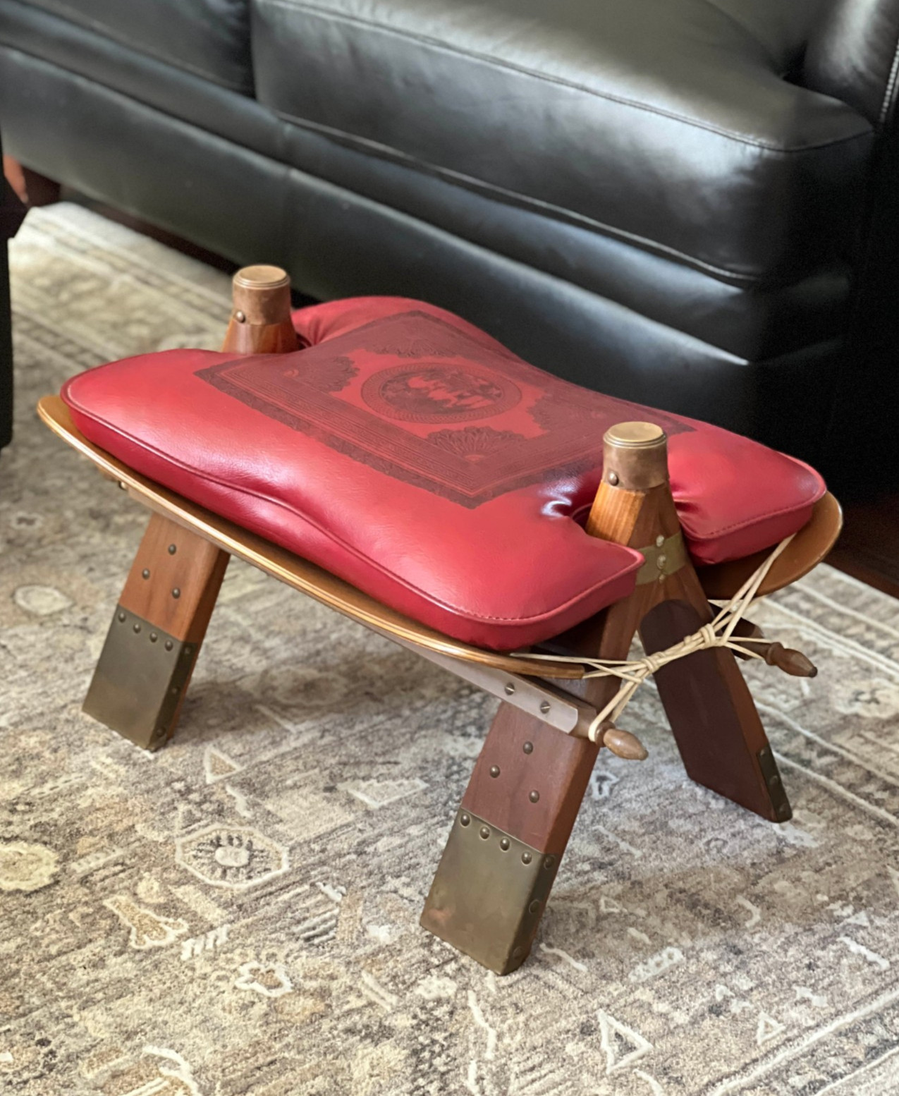 Camel Saddle Ottoman Foot Stool Red Cushion Brown Wood Brass