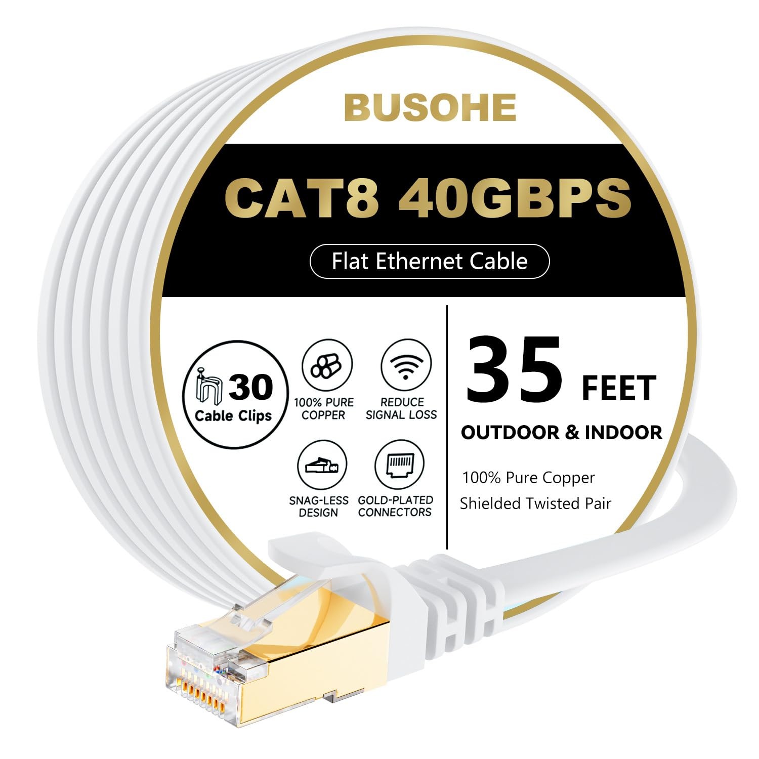 Cat 8 Ethernet Cable 35 FT 40Gbps 2000Mhz Flat RJ45 LAN With 30 Clips