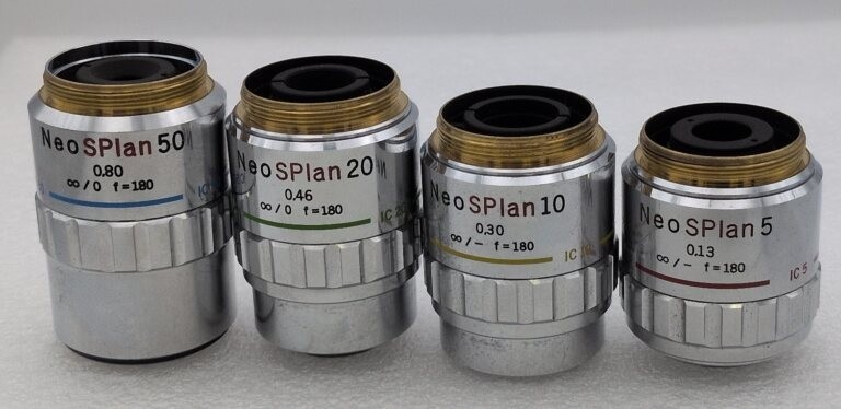 Lot of 4 Olympus NeoSPlan50/ 20/ 10/ 5 ∞/ - f= 180 | Microscope Objective Lens