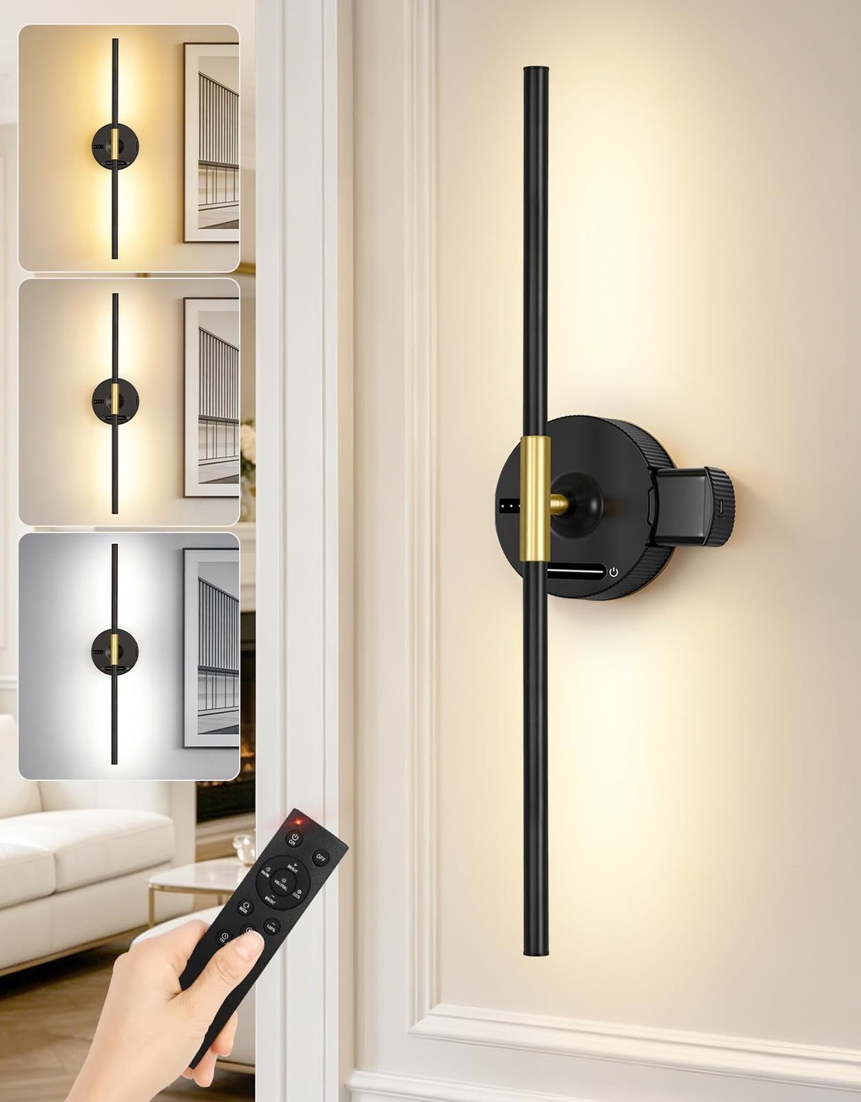 OUTON Rechargeable Wall Sconce with 8000mAh Removable Battery, Power Indicato...