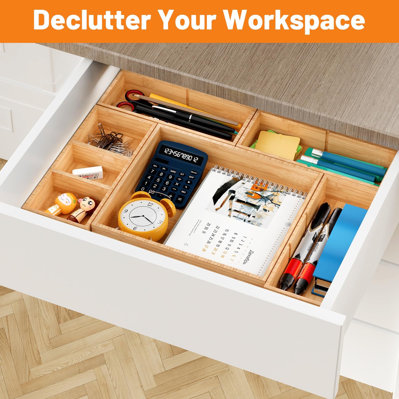 Bamboo Drawer Organizer, 5-Piece Stackable Trays with Removable Dividers