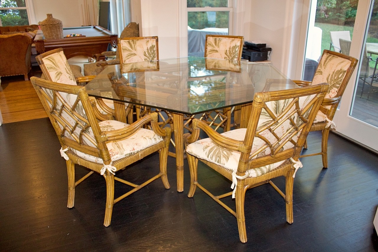 Vintage Vintage McGuireMcGuire Style Hexagonal Glass Top Dining Set—Set of Seven