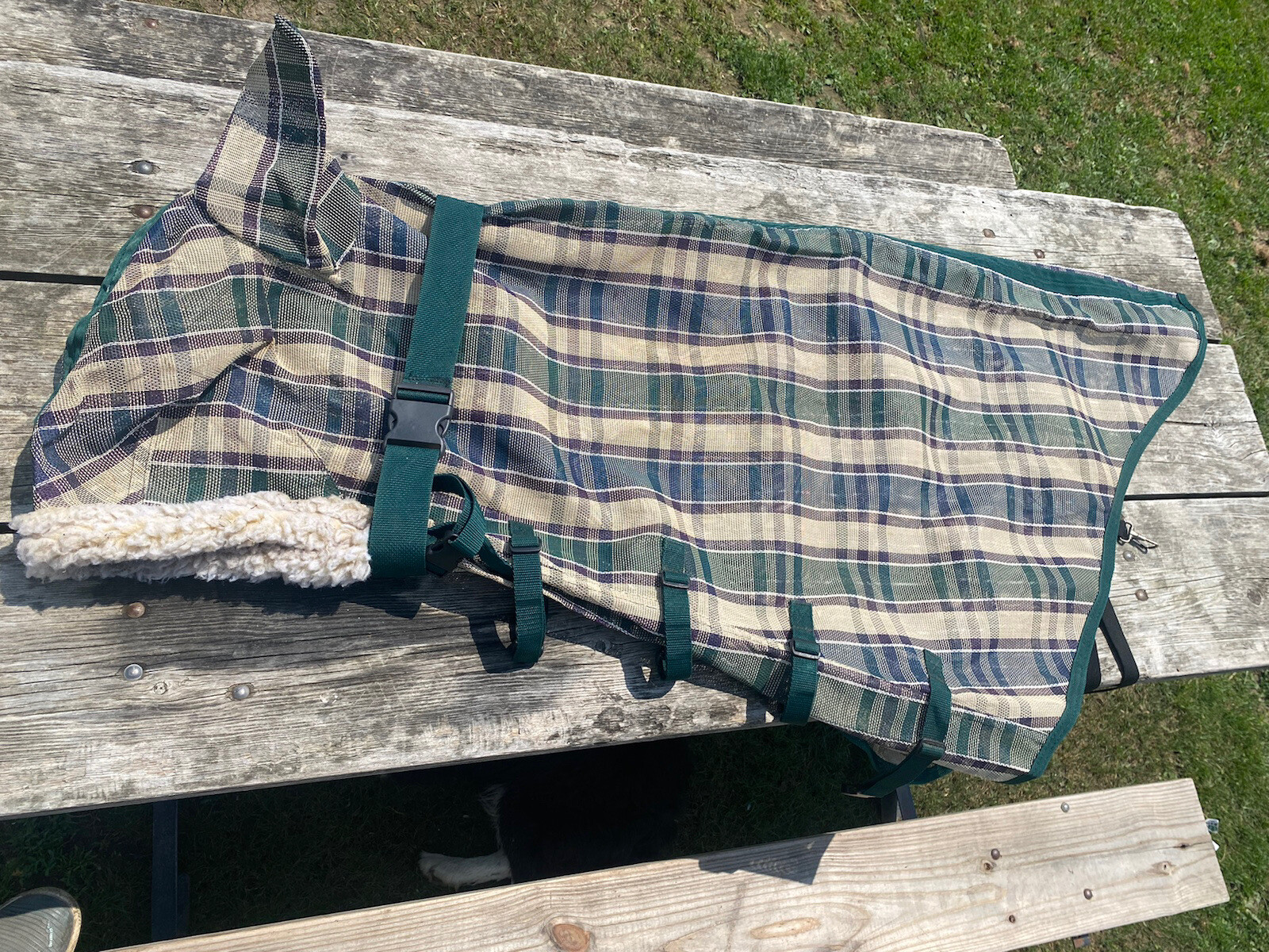 Lightly Used plaid poly coated mesh fly neck cover / hood