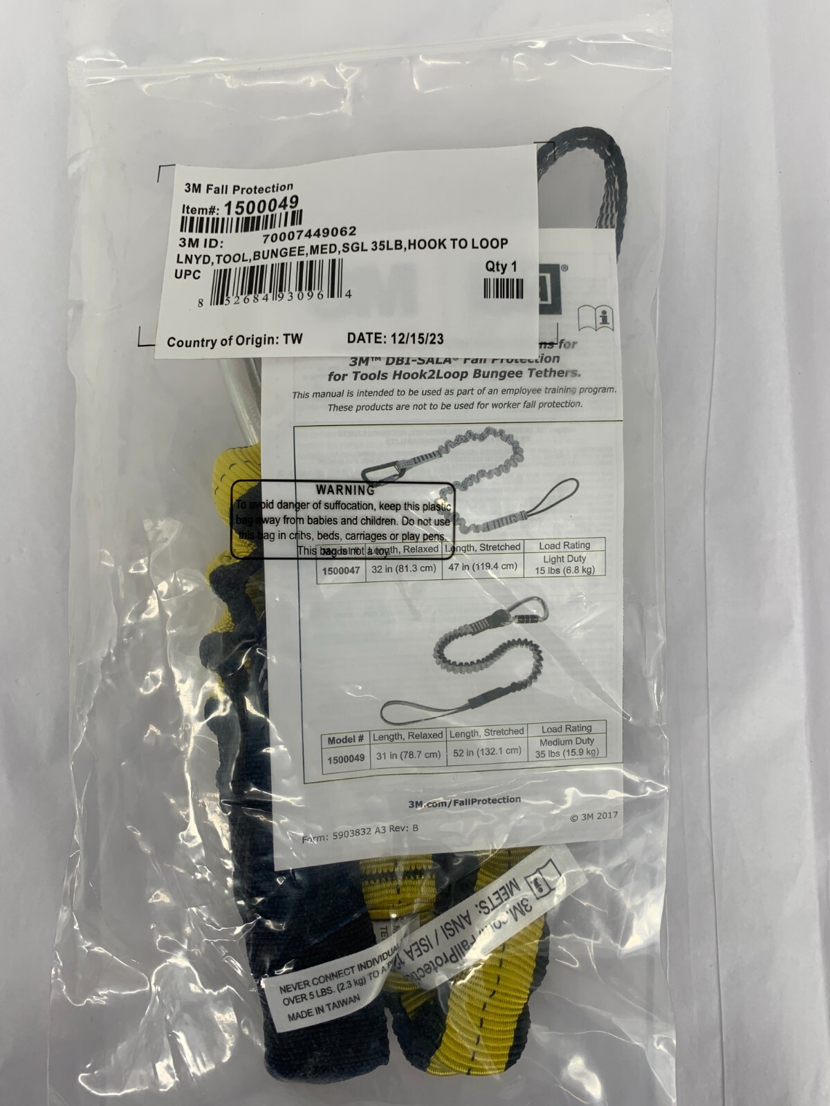 3M DBI-SALA 1500049 70007449062 Hook 2 Loop Bungee Tool Tether MED SGL 35LB