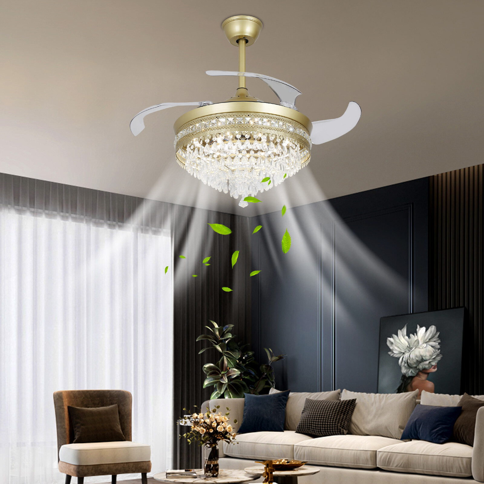 Modern Crystal Ceiling Fan Light with Remote Control and LED IlluminationUS