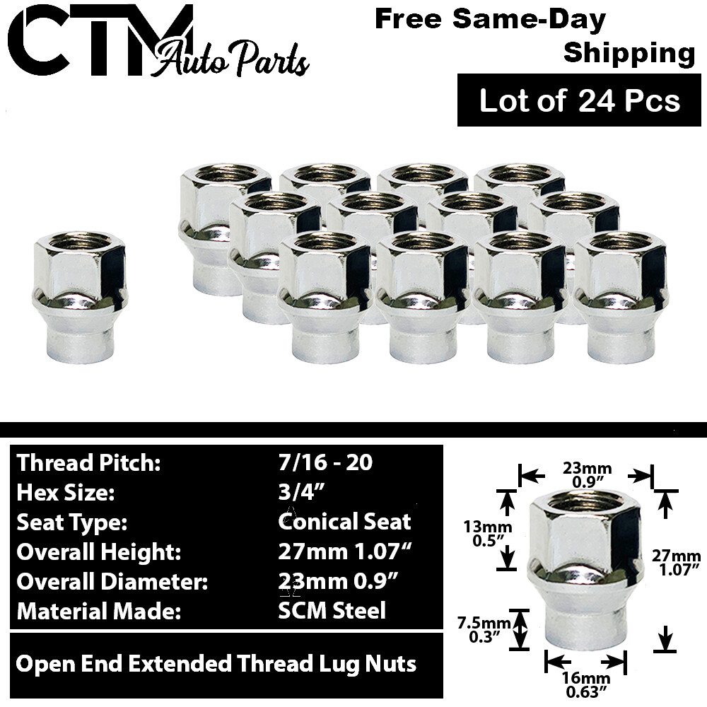 24Pc CHROME 7/16-20 OPEN END EXTENDED THREAD ET LUG NUTS FIT VINTAGE CHEVY GMC