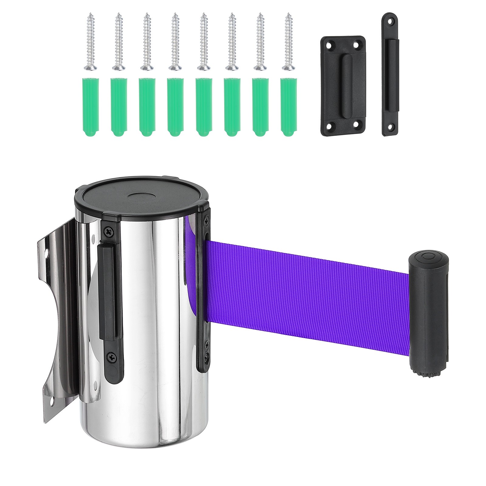16.4 Feet Fixed Wall Mount Retractable Belt Barrier,Silver Tone/Purple