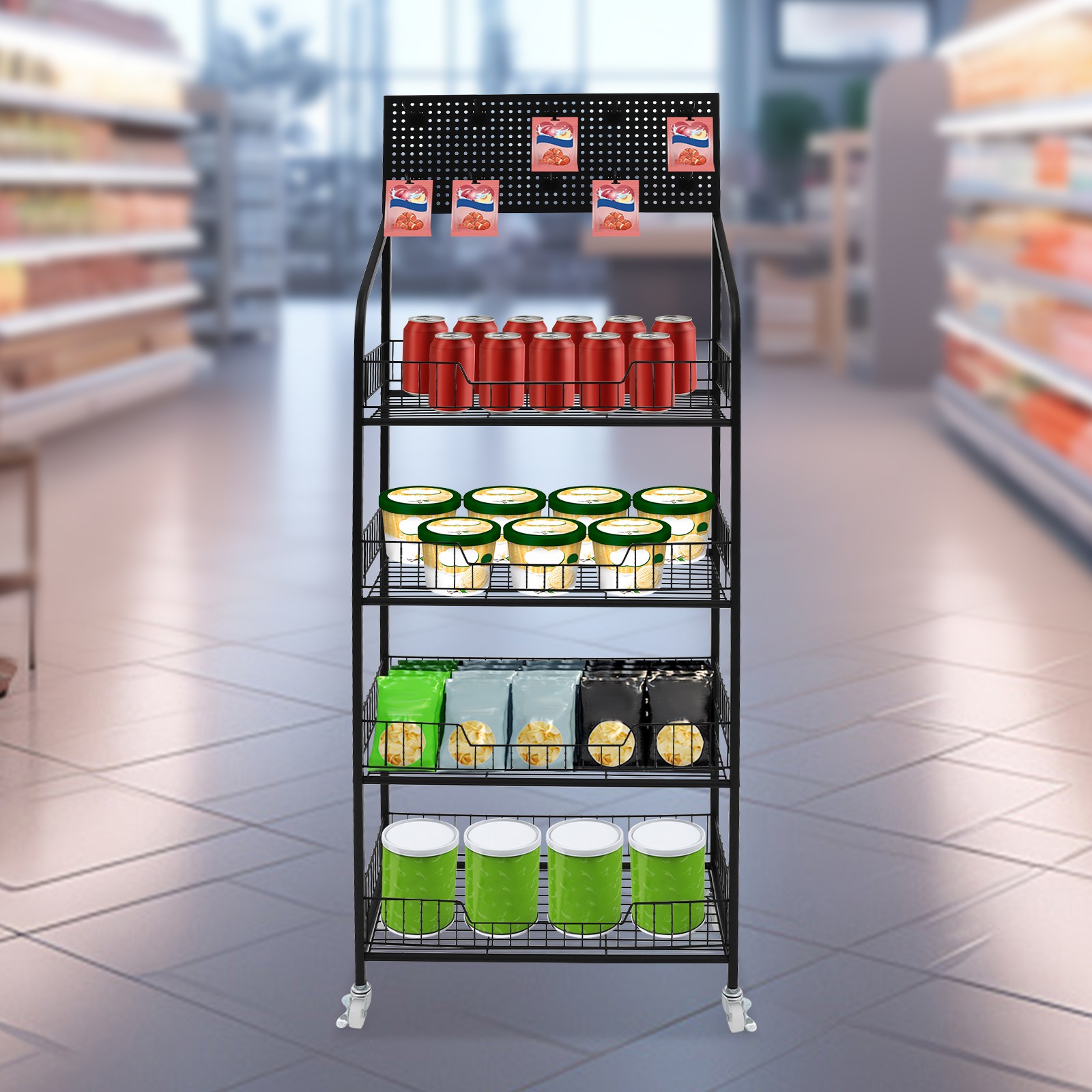 Rolling Retail Display Rack 4 Tier Black Store Merchandise Shelf Unit