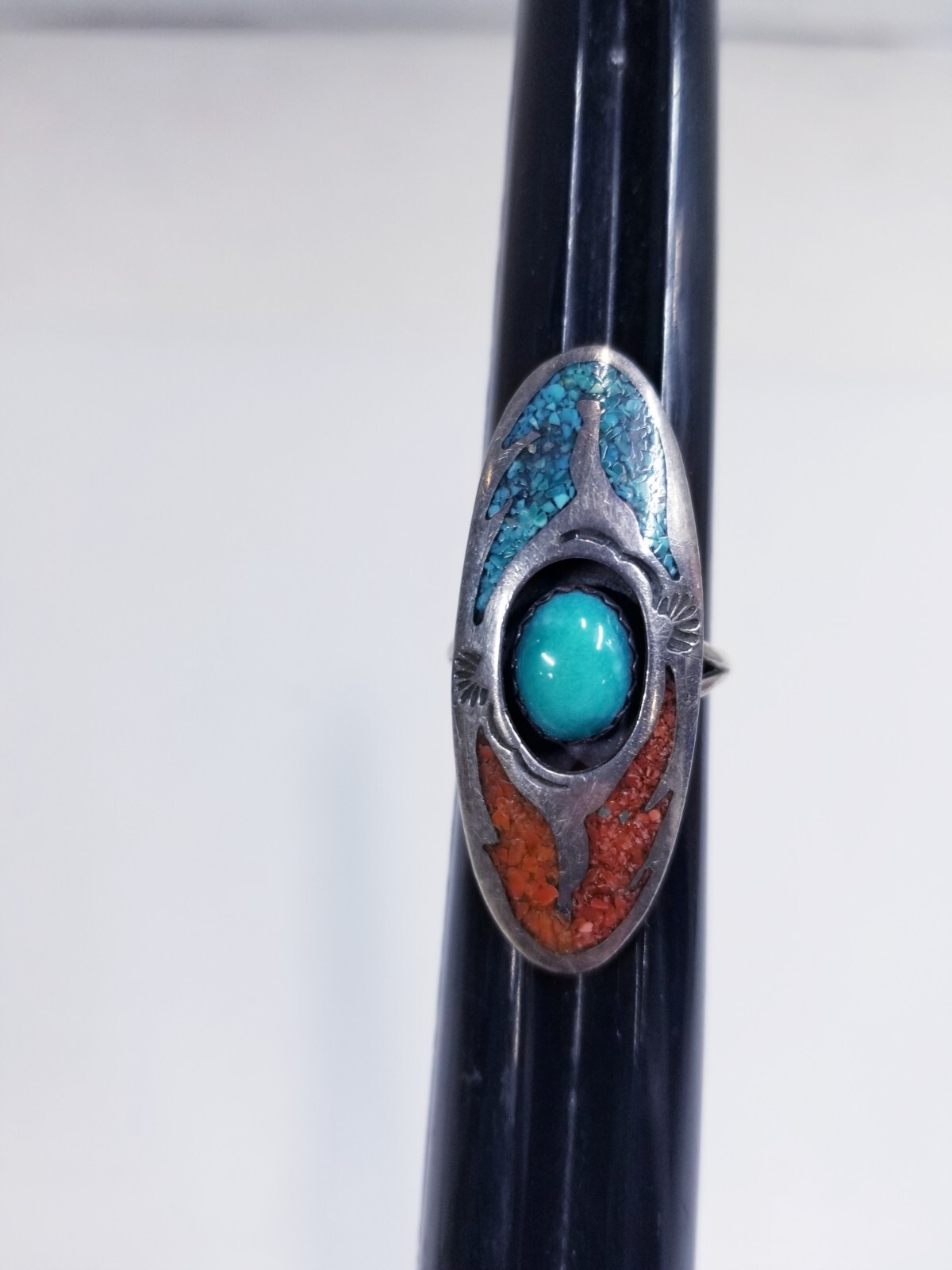 Turquoise & Coral Metal Ring Sz 7