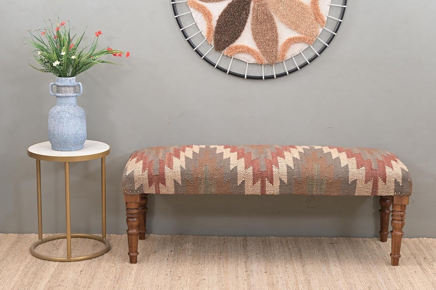 NATURAL FURNISH Acacia Wood Kilim Jute Upholstered Bench Ottoman for Home Pink-G