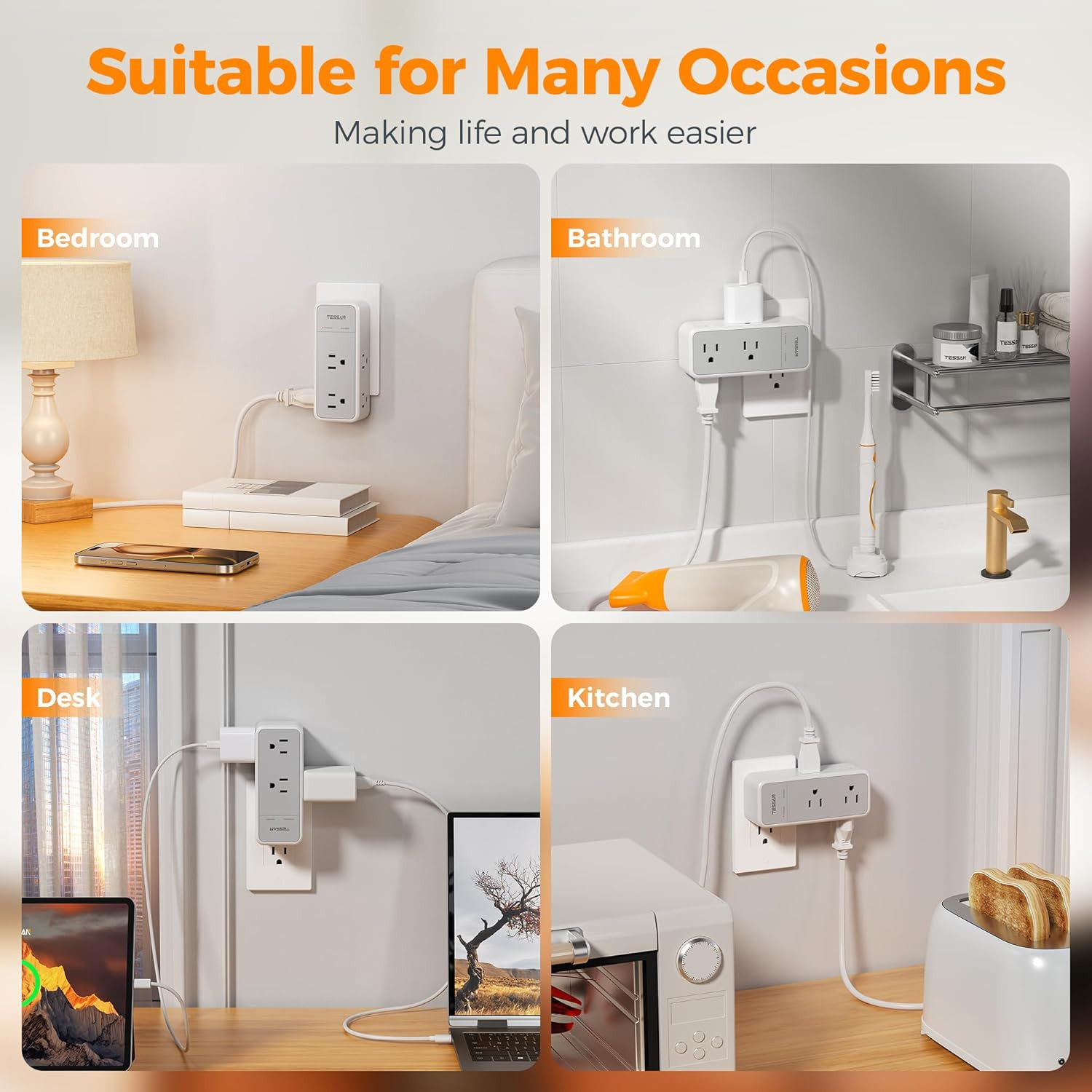 Multi Plug Outlet Extender with 360 Rotating Plug, 1875W Wall Outlet Splitter w