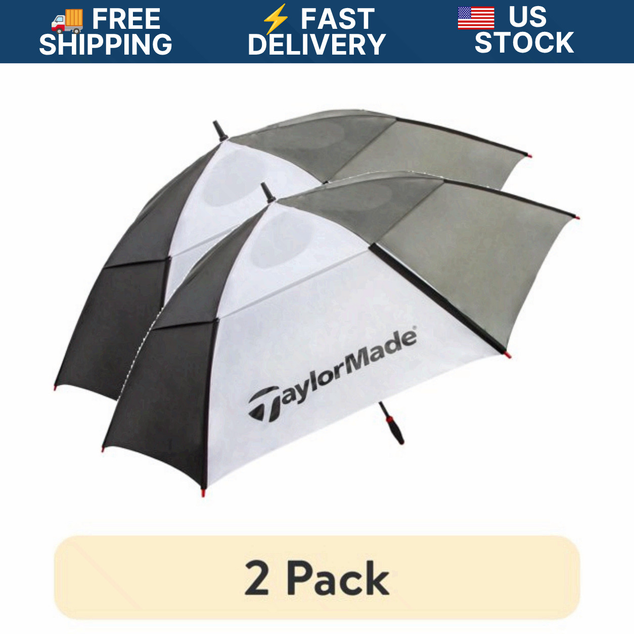 2 Pack TaylorMade 68" Auto Open Vented Golf Umbrella Black White Windproof