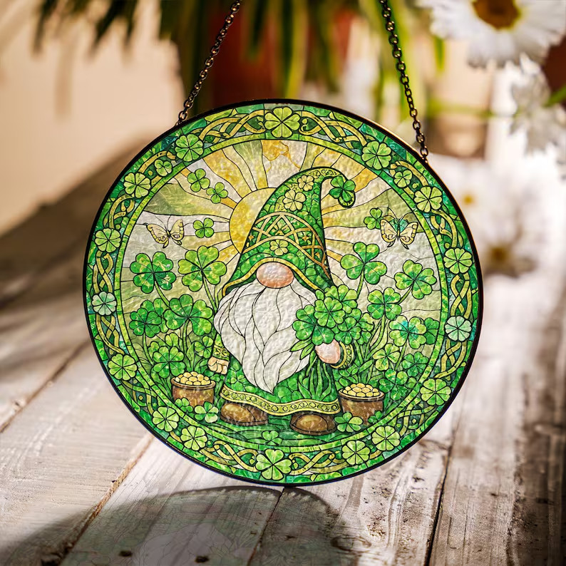 St Patrick Gnome Stained Glass Suncatcher Window Decor Irish Gift