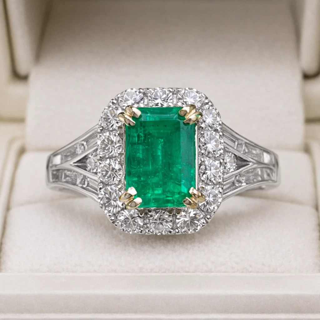3.00 Ct Emerald Cut Natural Emerald & Diamond Wedding Ring 14K White Gold Sz 8