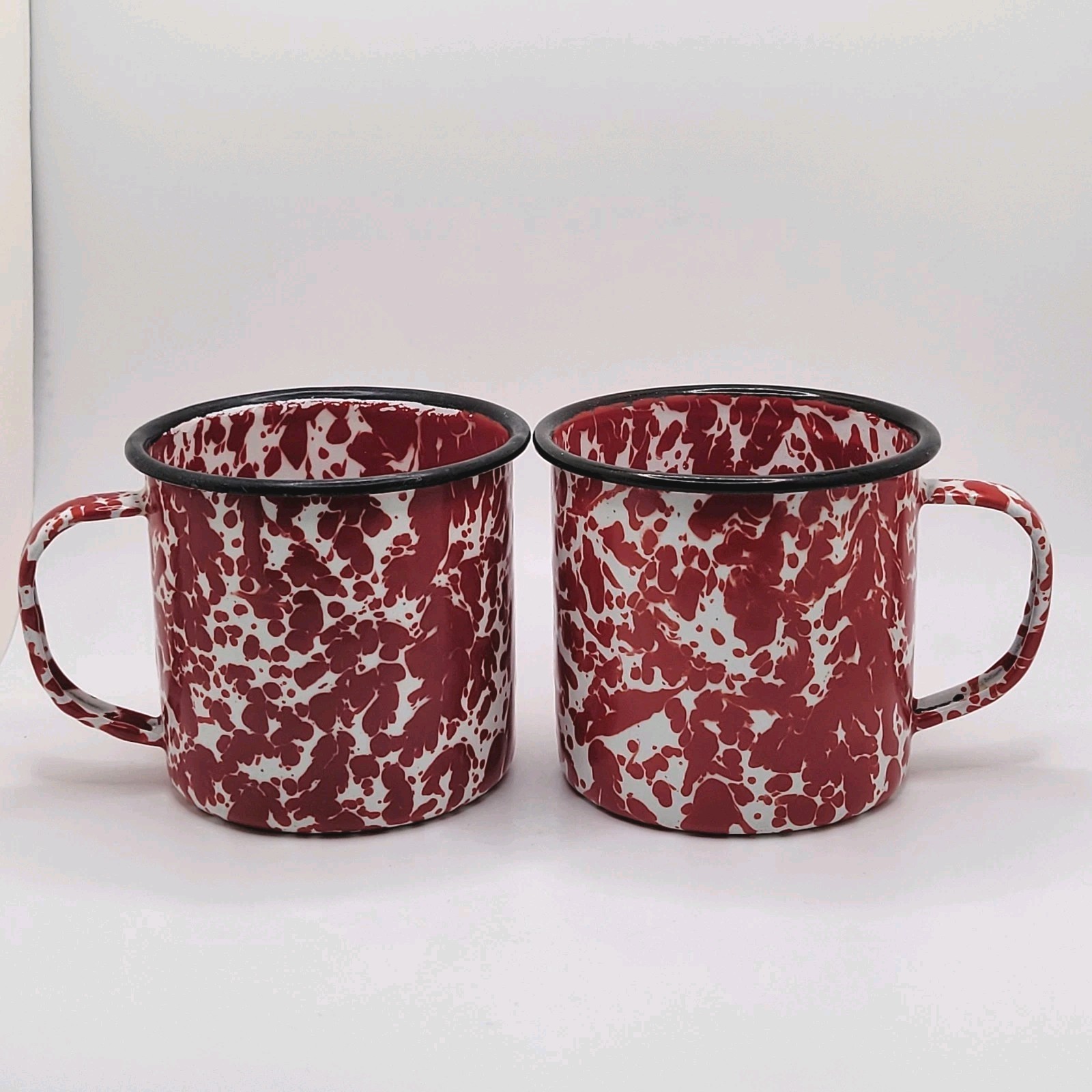 Red Enamelware Splatter Campfire Mugs Set of 2 Black Rim Cabin Farmhouse