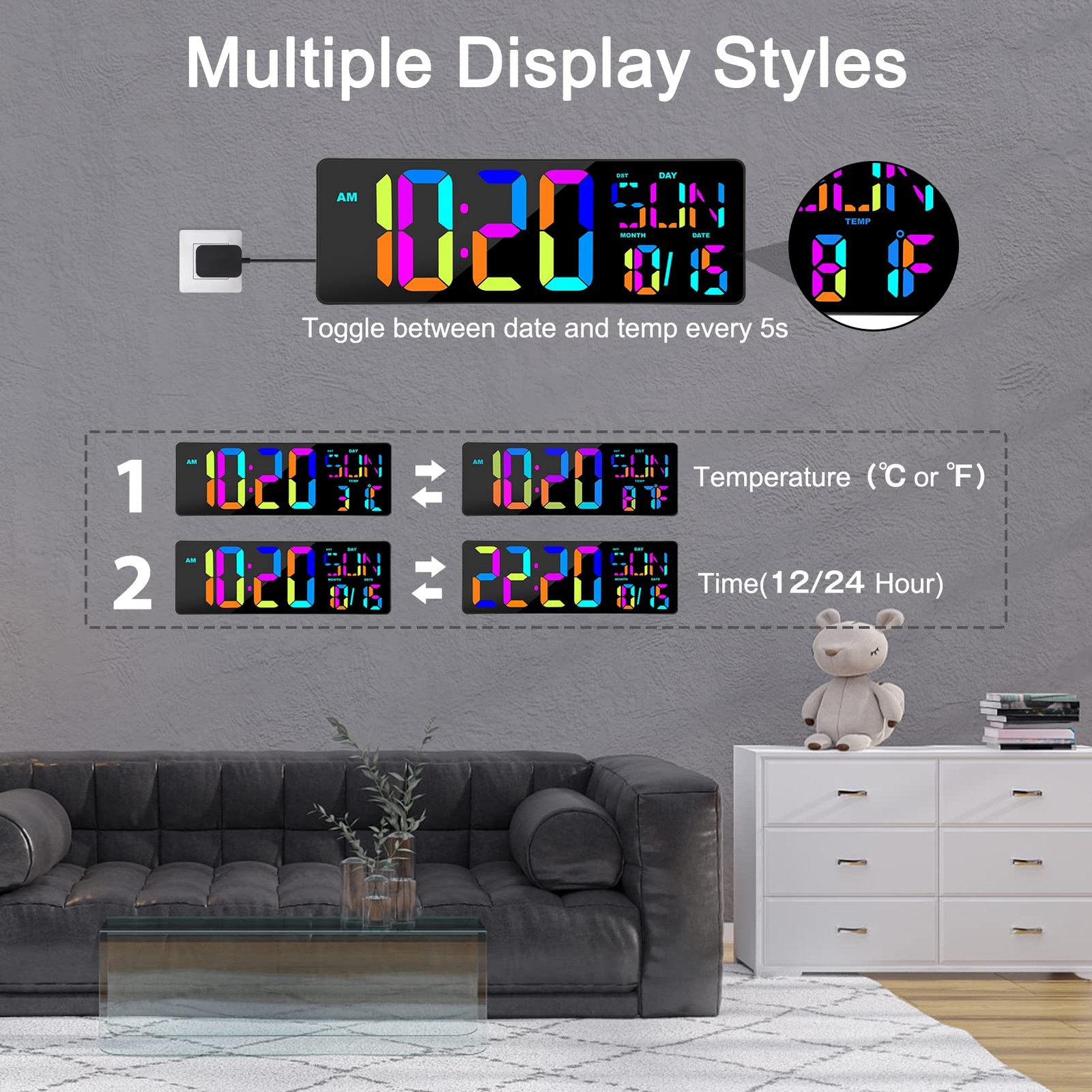 Large Digital Wall Clock with Remote Control, 17 Inch LED Large Display Count...