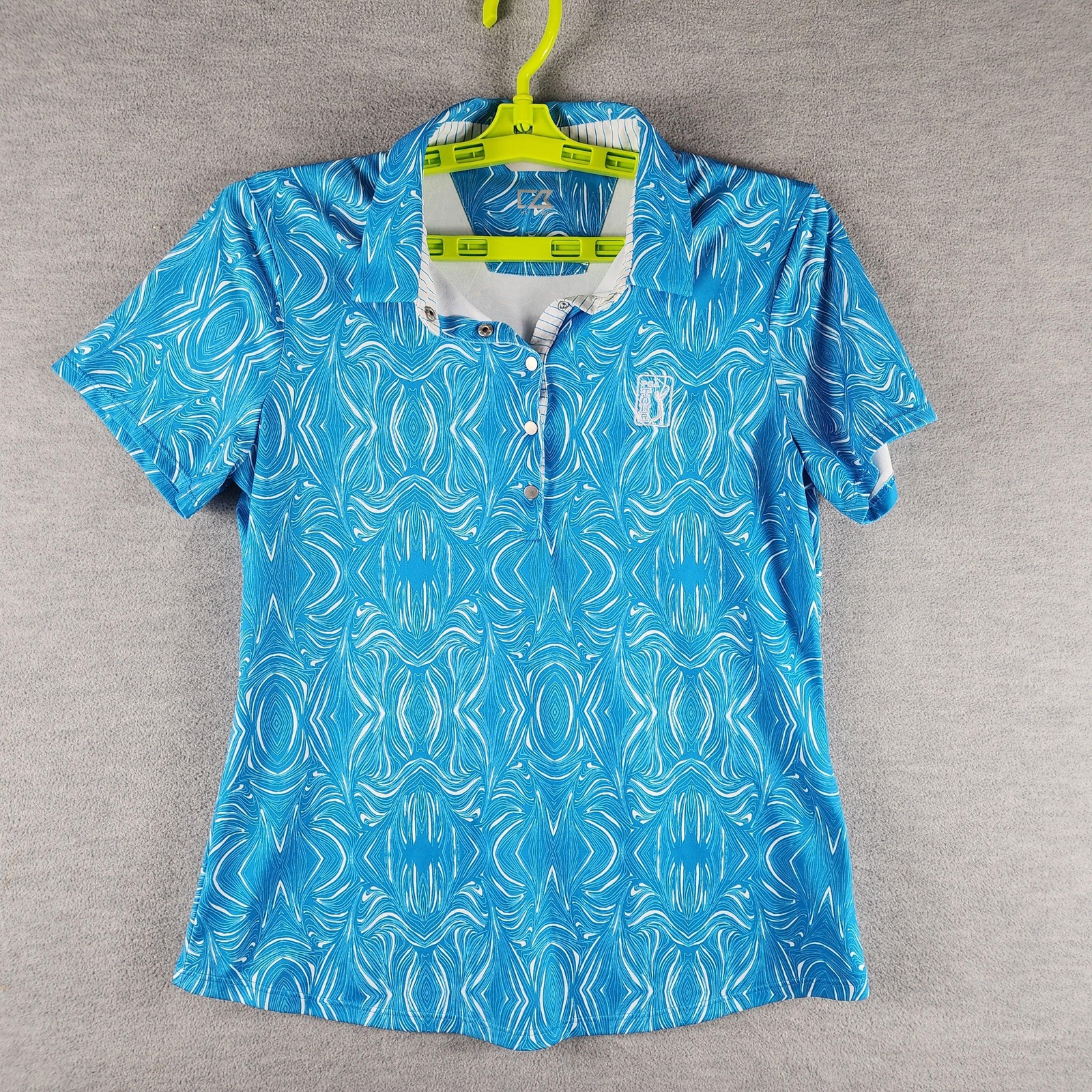 PGA Tour Shirt Polo Womens XL Blue Cutter & Buck Golf DryTec UPF 50+ Print