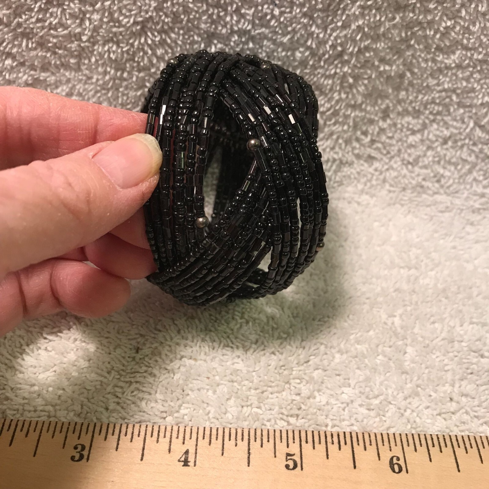 Handmade Black Beaded Bracelet - Stretchy Cuff With Intricate Design