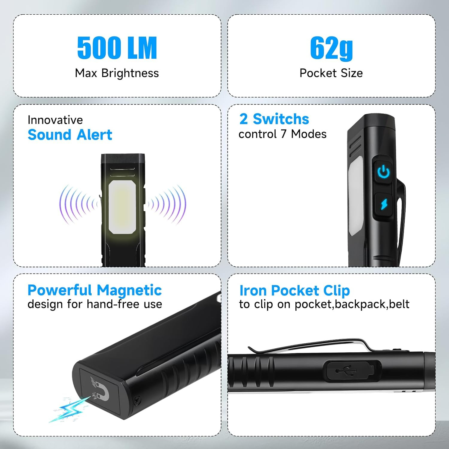 Rechargeable EDC Flashlight, Small Flat Flash Light, Pocket Magnetic Flashlights