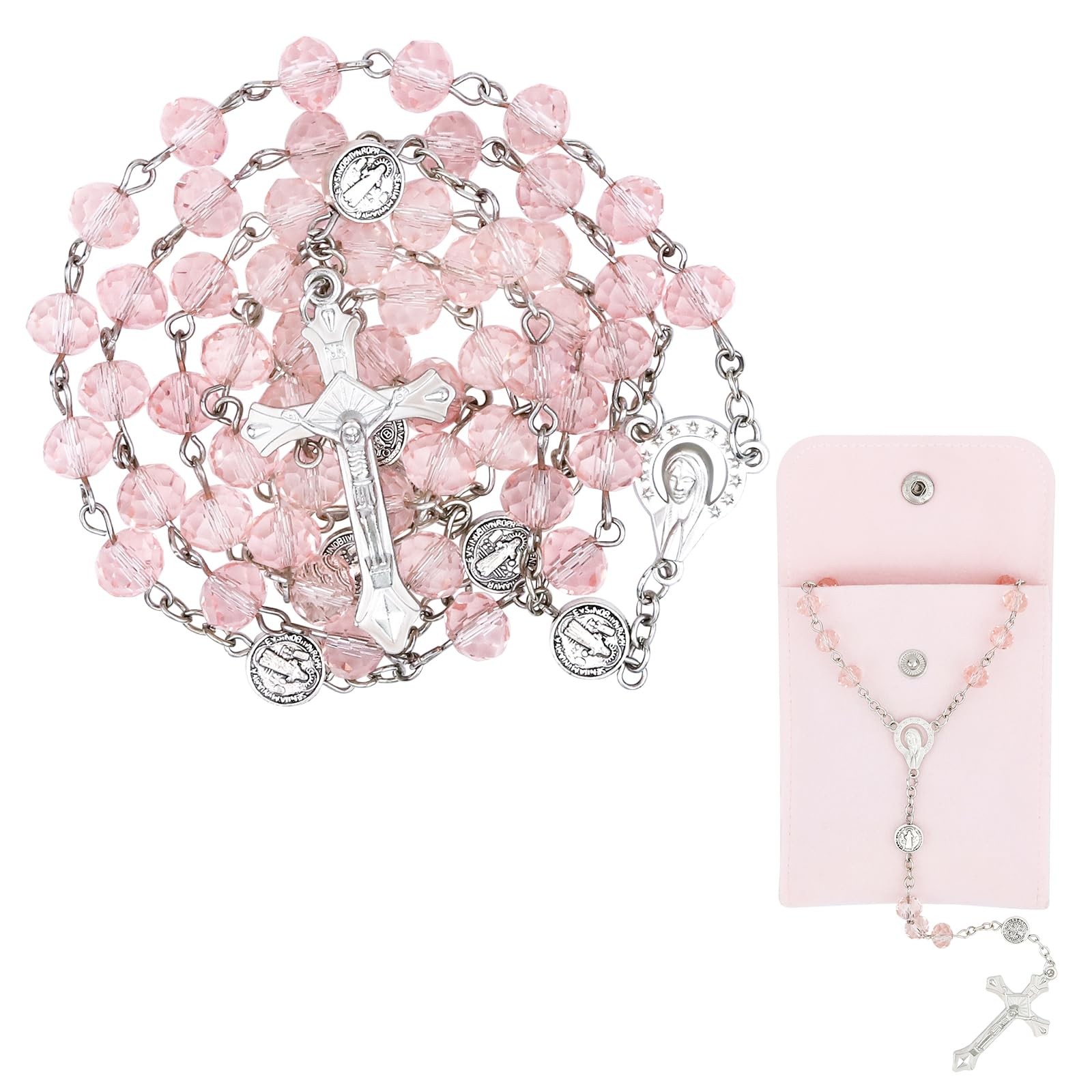 Pink Crystal Rosary Beads Necklace with Cross and Velvet Pouch for Women