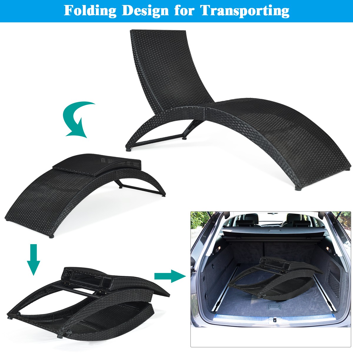 2PCS Folding Patio Rattan Lounge Chair Chaise Cushioned Portable Lawn Turquoise