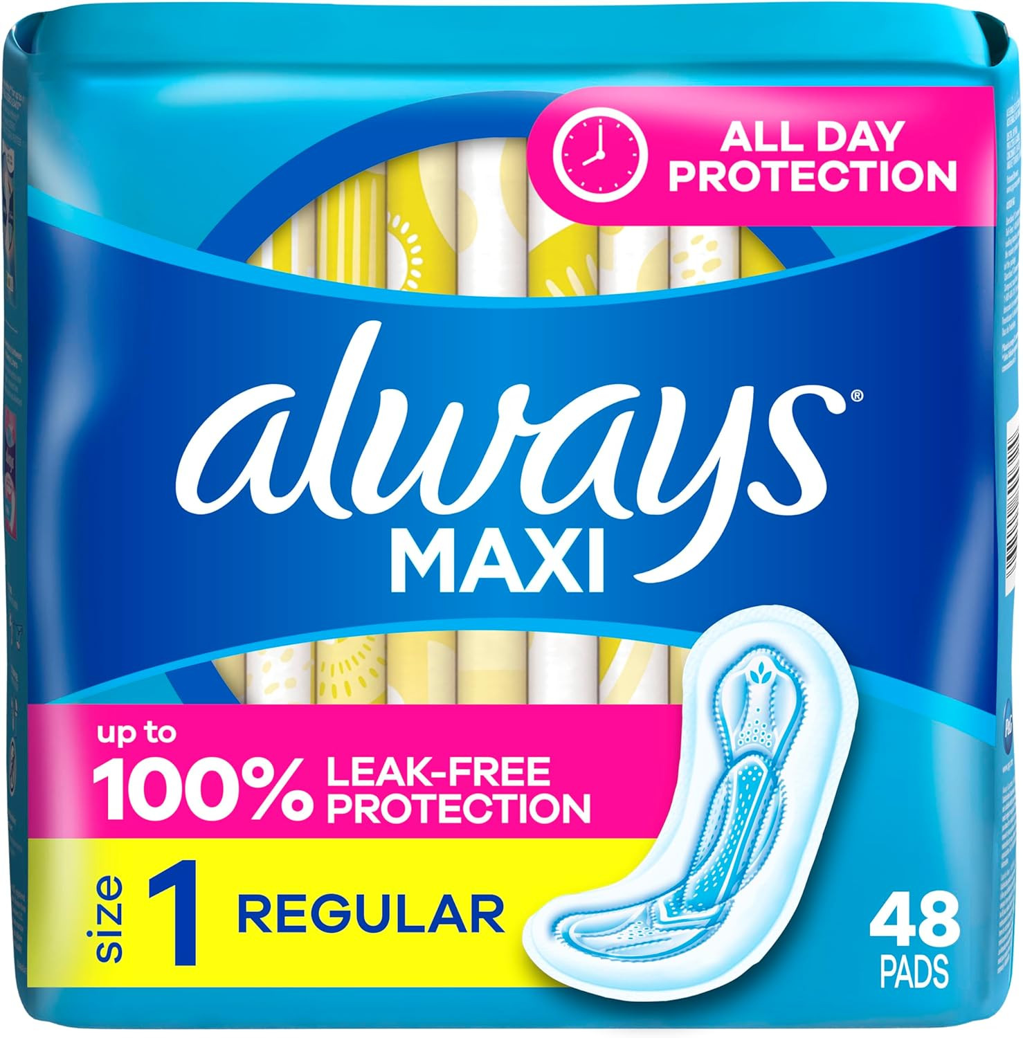 Maxi Feminine Pads without Wings for Women, Size 1, Regular Absorbency, Unscente