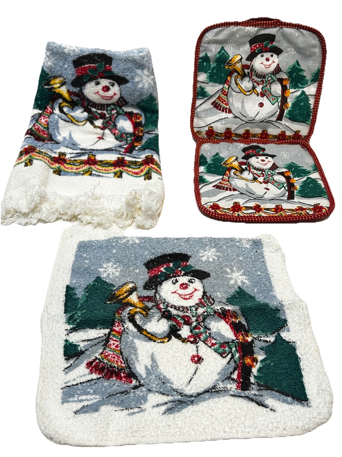 Vintage Christmas Snowman Hand Towel Washcloth Hotpad Set of 4