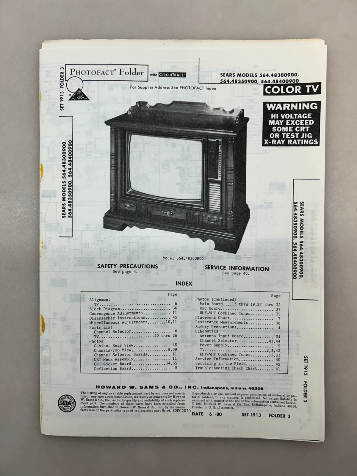 Sears 564.48300900 48350900 48400900 Service Manual Sams Photofact Free Shipping