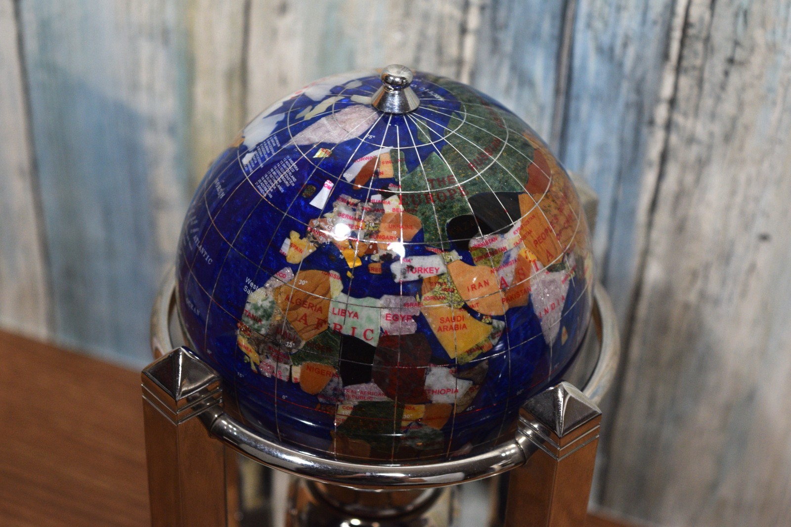 Caribbean Blue Gemstone Rotating Musical Globe With Clock & Thermometer