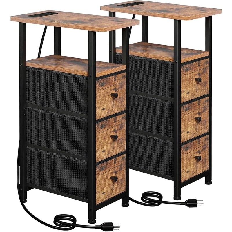 Slim End Table W/ Charging Station USB Ports Storage Drawers Small Spaces