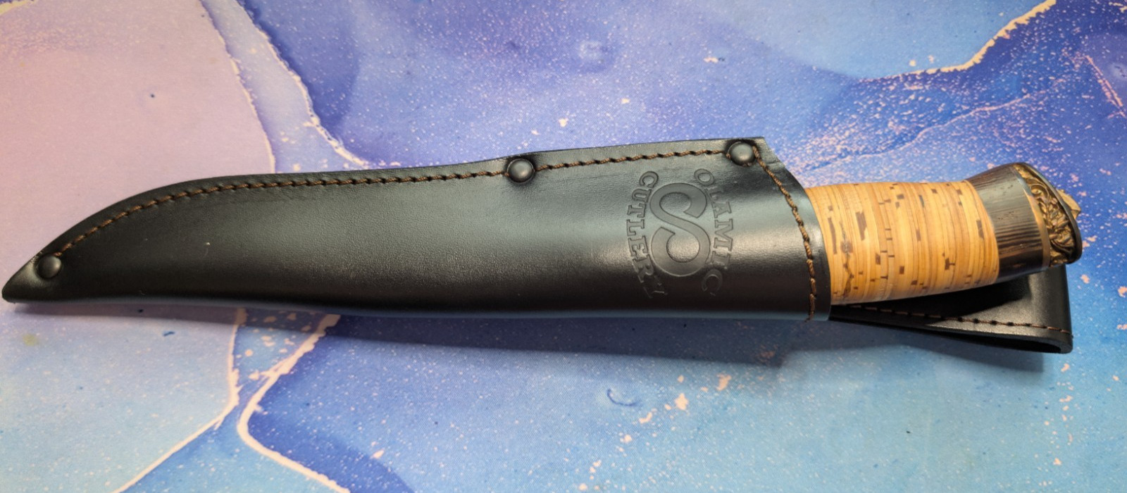 Handmade Voykar HT Damascus Birch Bark Olamic Fixed Blade Knife
