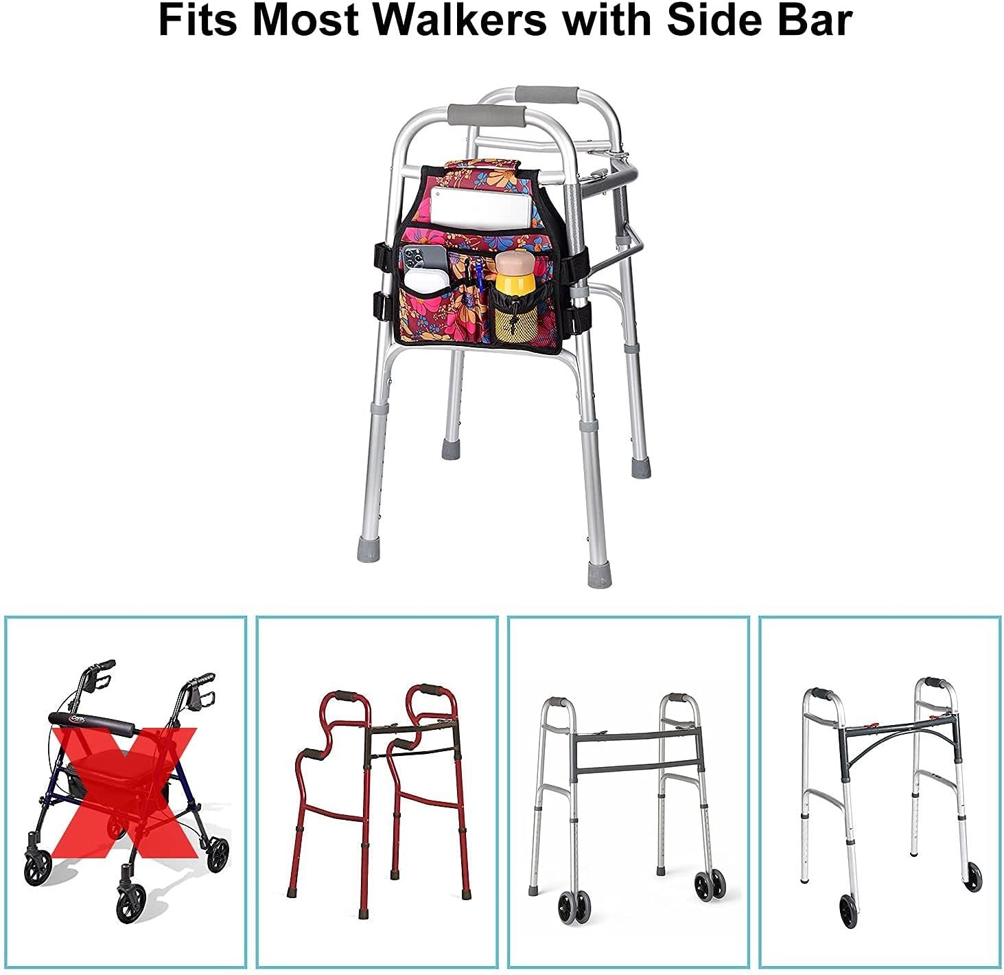 Multifunctional Walker Accessories Bag with 8 Pockets & Cup Holder for Elders