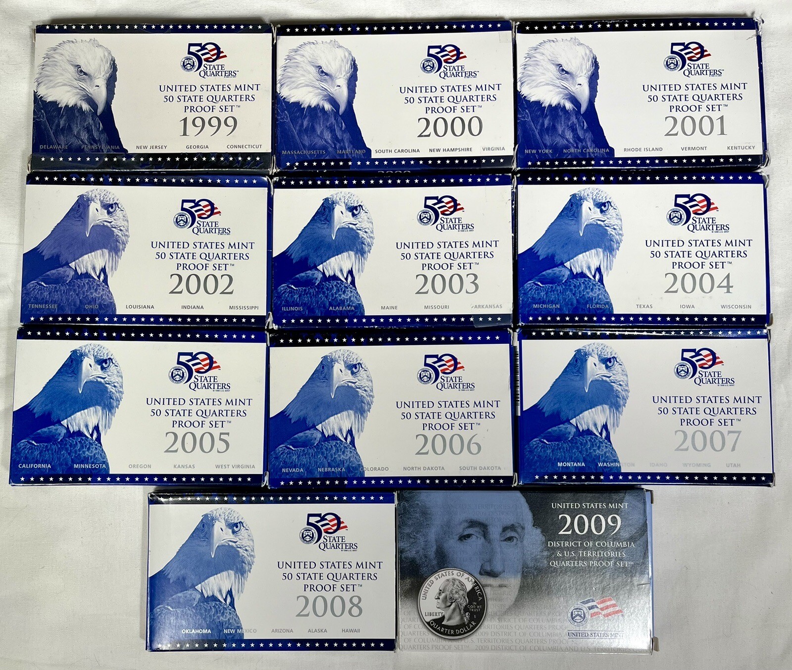 1999-2009 50 State Quarters and Territories Run Of 11 Clad Proof Sets w/ Box COA