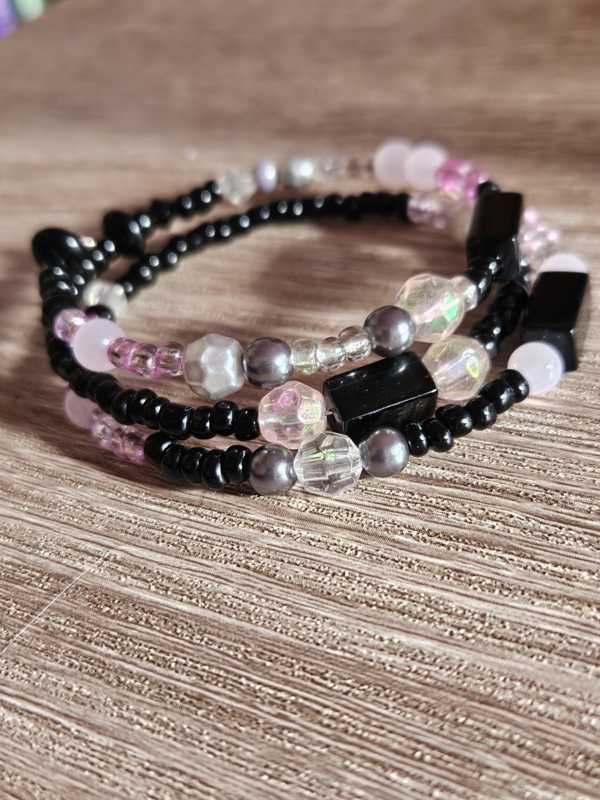 Beaded Coiled Black Pink Grey Bracelet