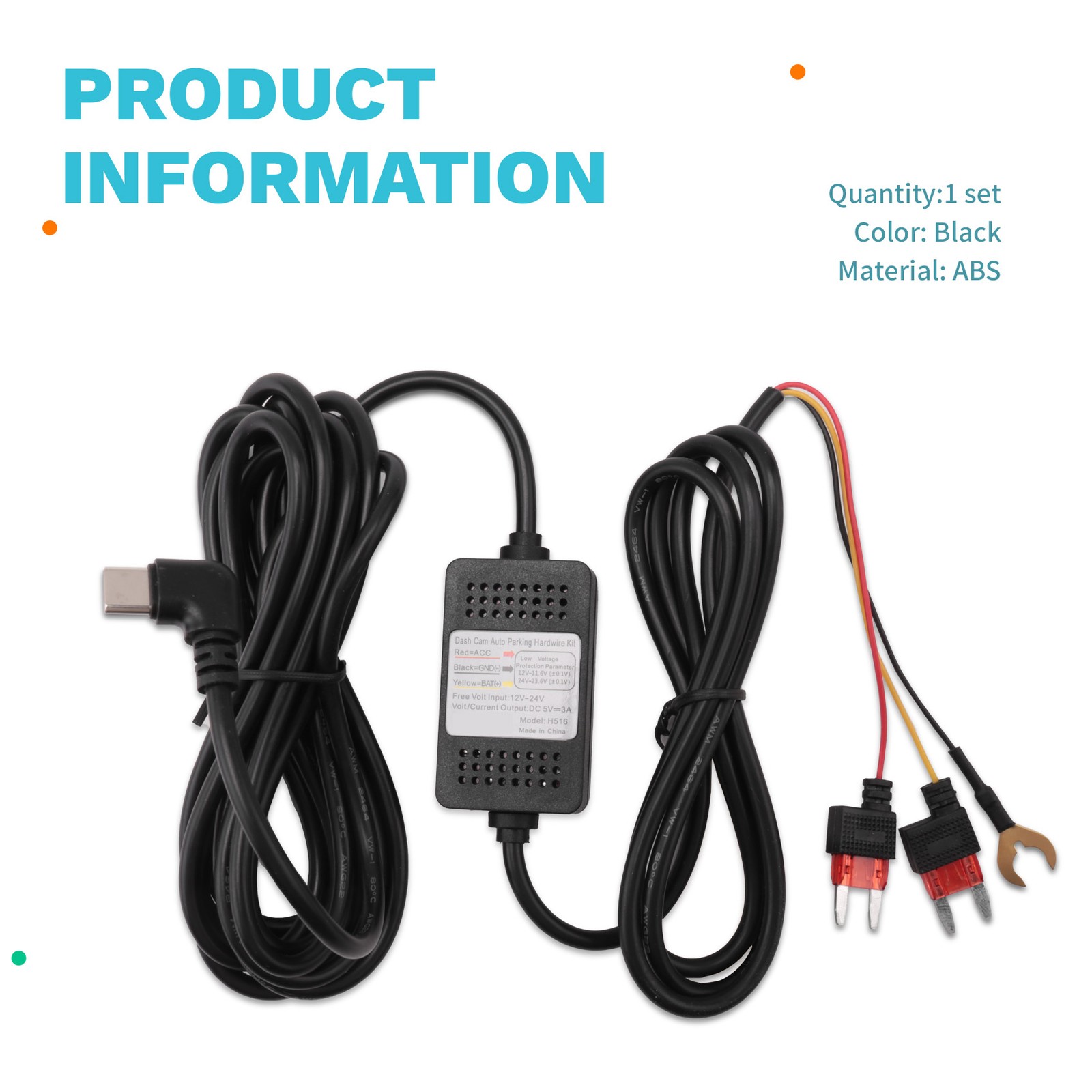 Dash Cam Acc Hardwire Kit, USB Type C Dashcam Kit Step-Down Cable, 12V-24V6977