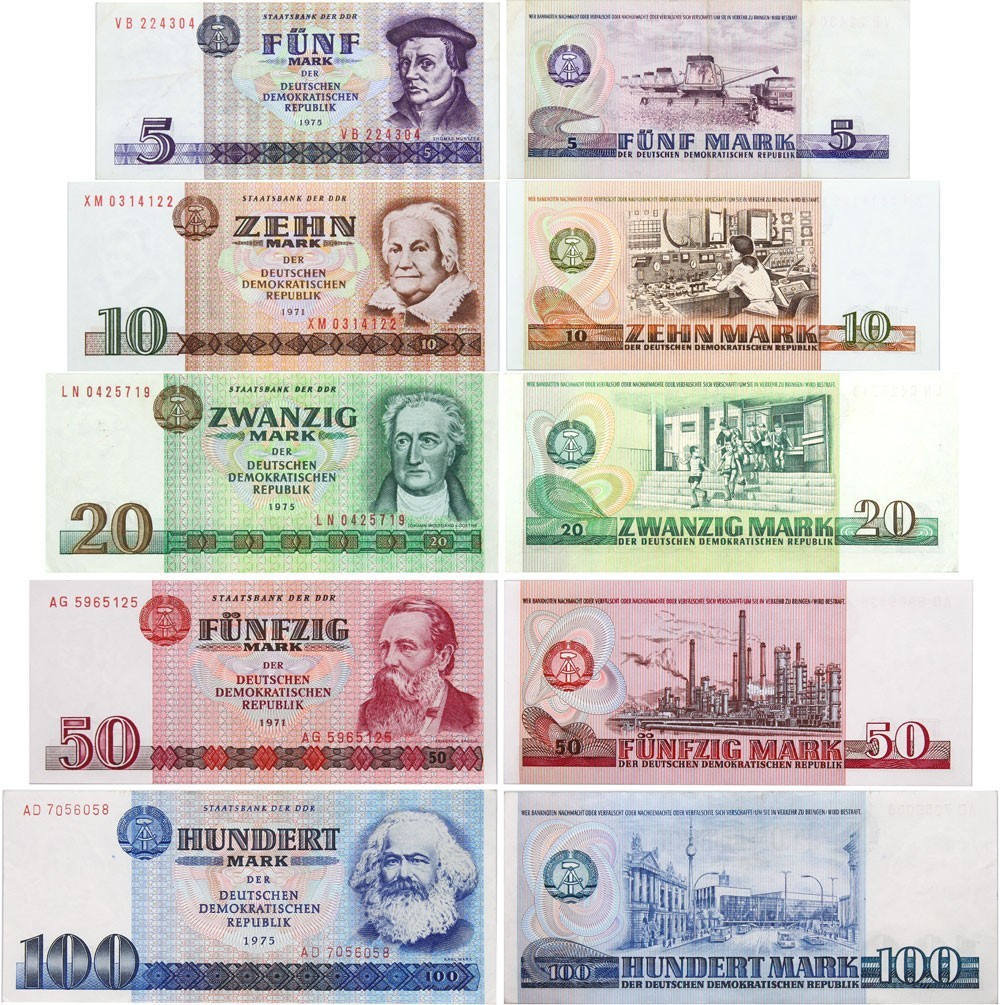 Communist East Germany DDR GDR - LOT 5 BANKNOTES 5 10 20 50 100 Mark 1971-1975