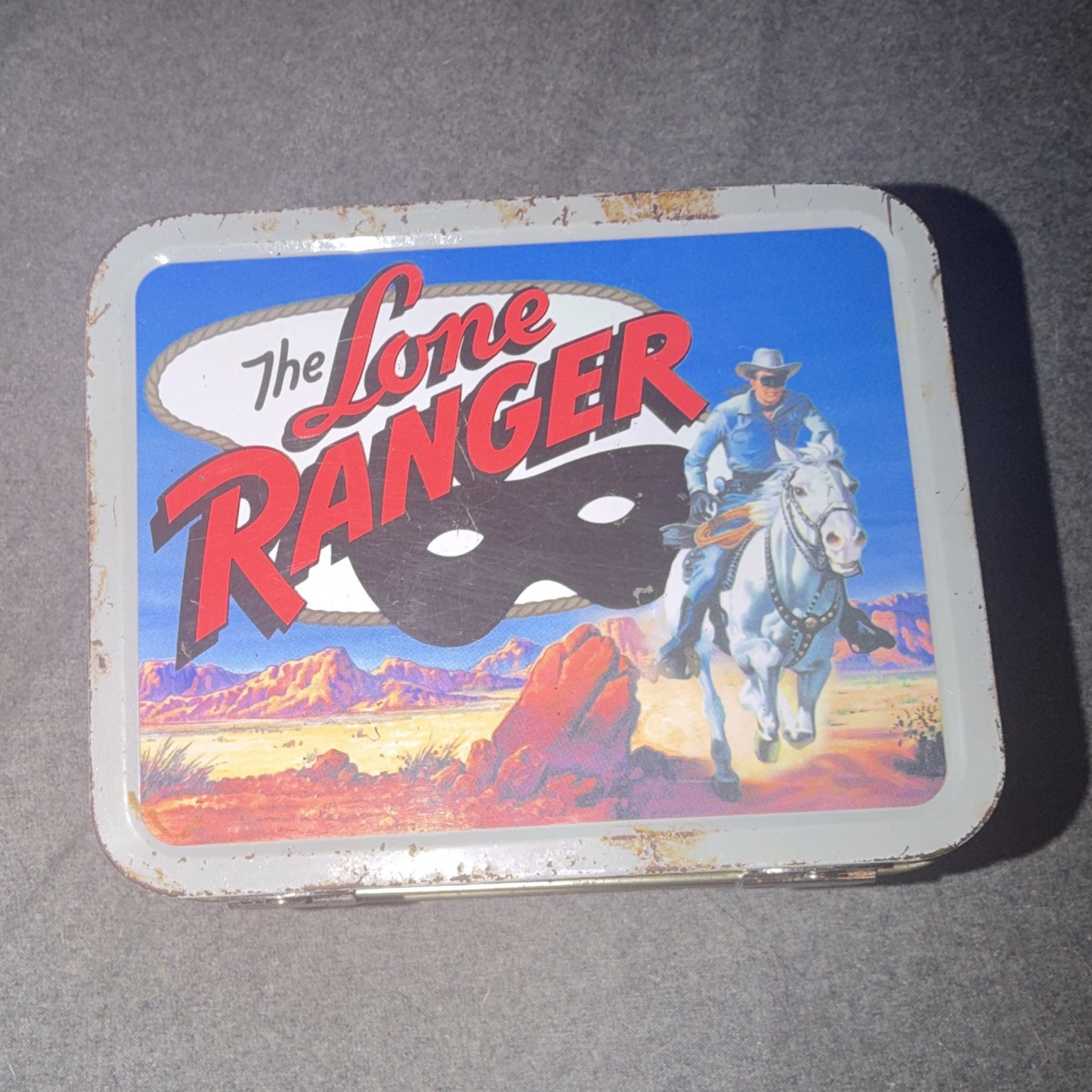 Cheerios The Lone Ranger Metal Tin Box w/ Latch Handle & Lid Blue/White 2001