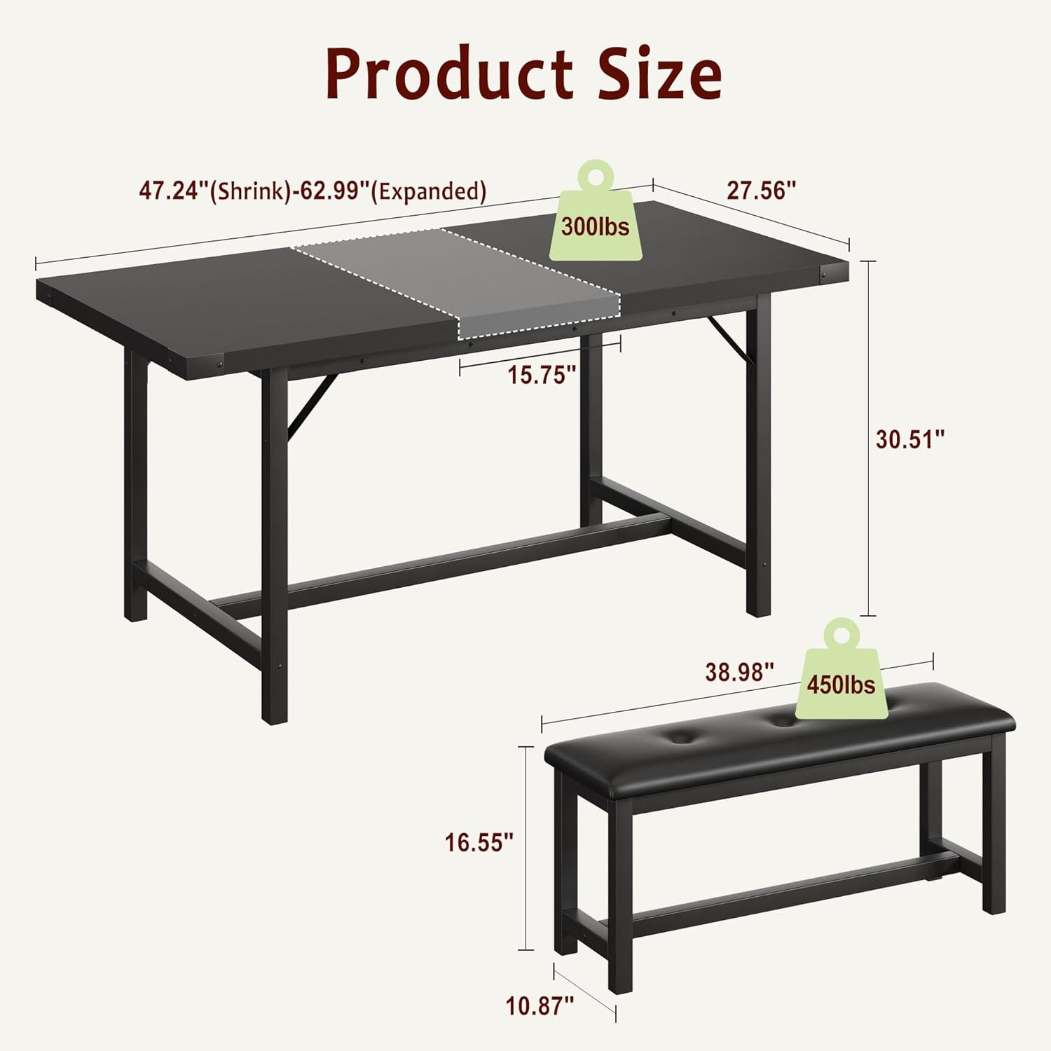 3PCS 63" Extendable Dining Table Set for 4-6 People Kitchen Table Set 2 Benches