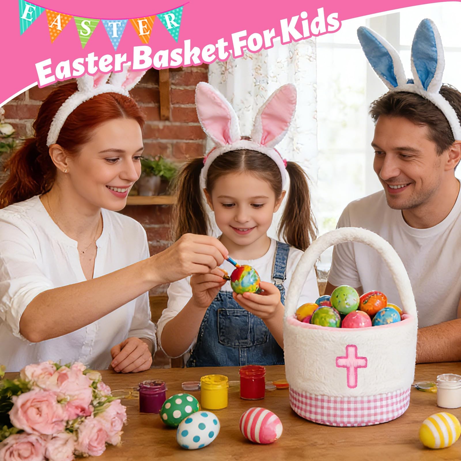 Leokawin Easter Basket - Easter Baskets for Kids,Pink Grid Cross Easter Baske...