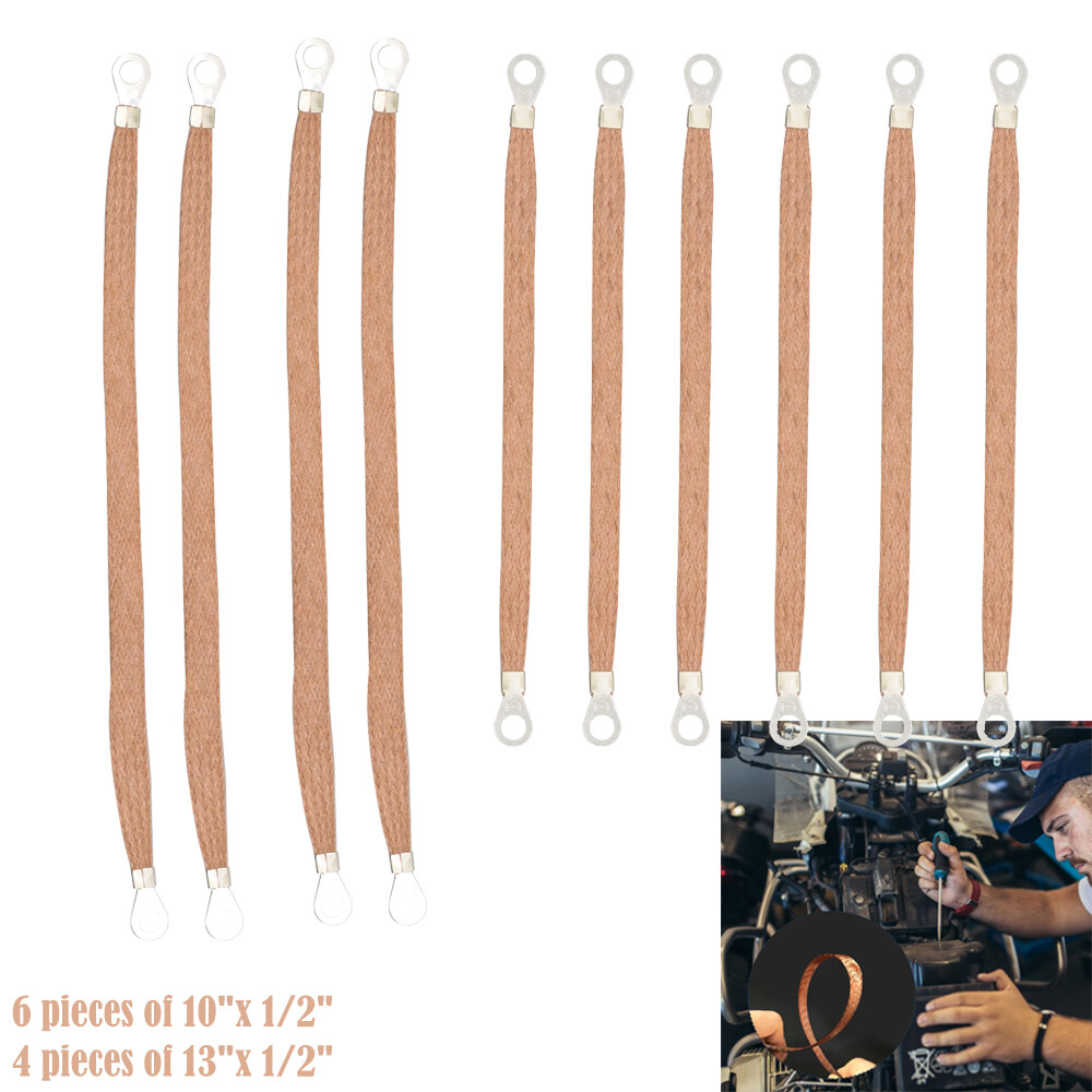 10x Universal Engine Automotive Ground Strap Connector Flat Braided Copper Cable